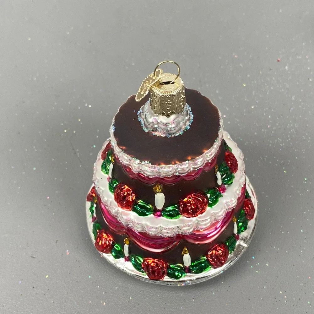 Old World Christmas Glass Holiday Ornaments Chocolate Cake & Cat In Stocking Set